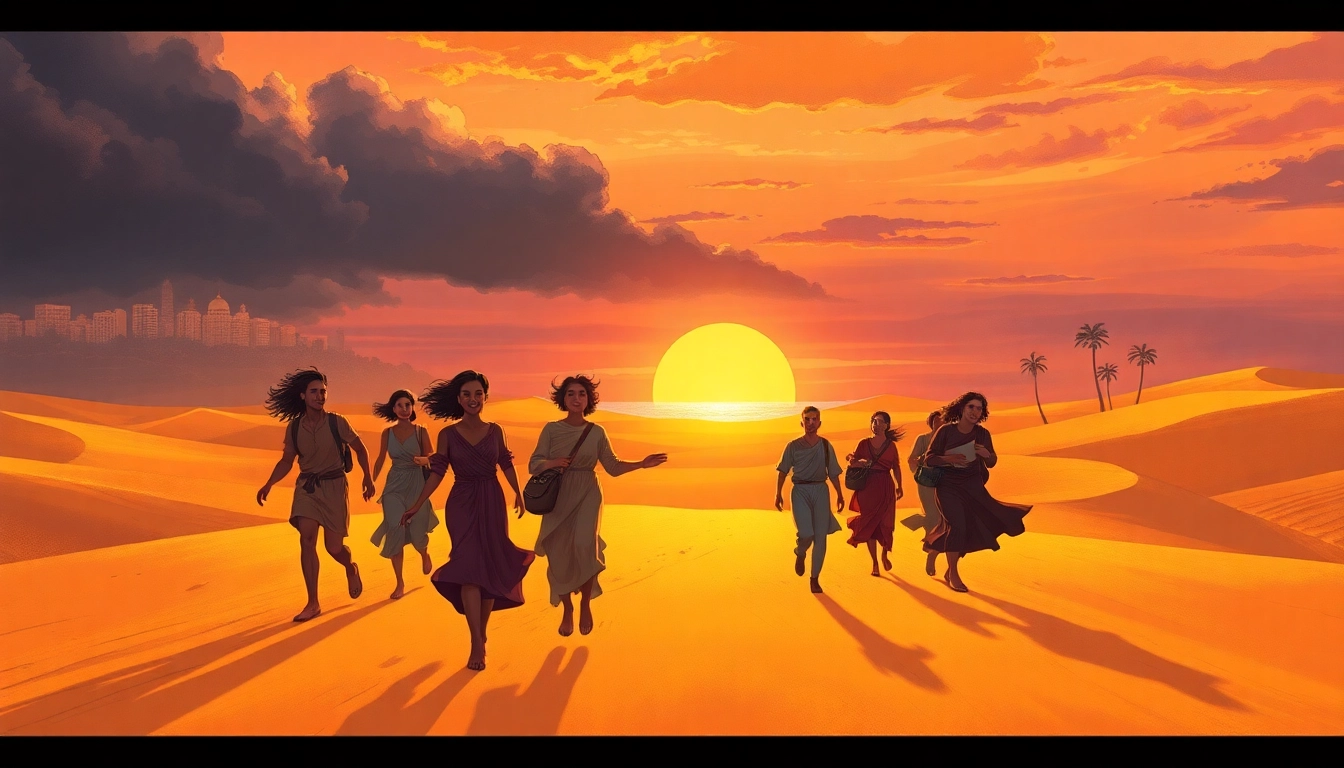 Group embarking on an exodus journey through a golden desert at sunset, symbolizing hope.