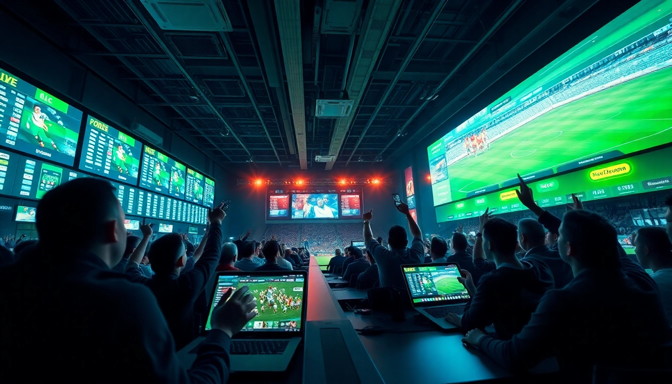 Cheering fans engaged in sports betting at a situs judi bola sportsbook.