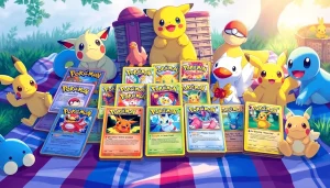 Explore a delightful arrangement of Pokemon cards india with colorful designs and plush toys, perfect for collectors.
